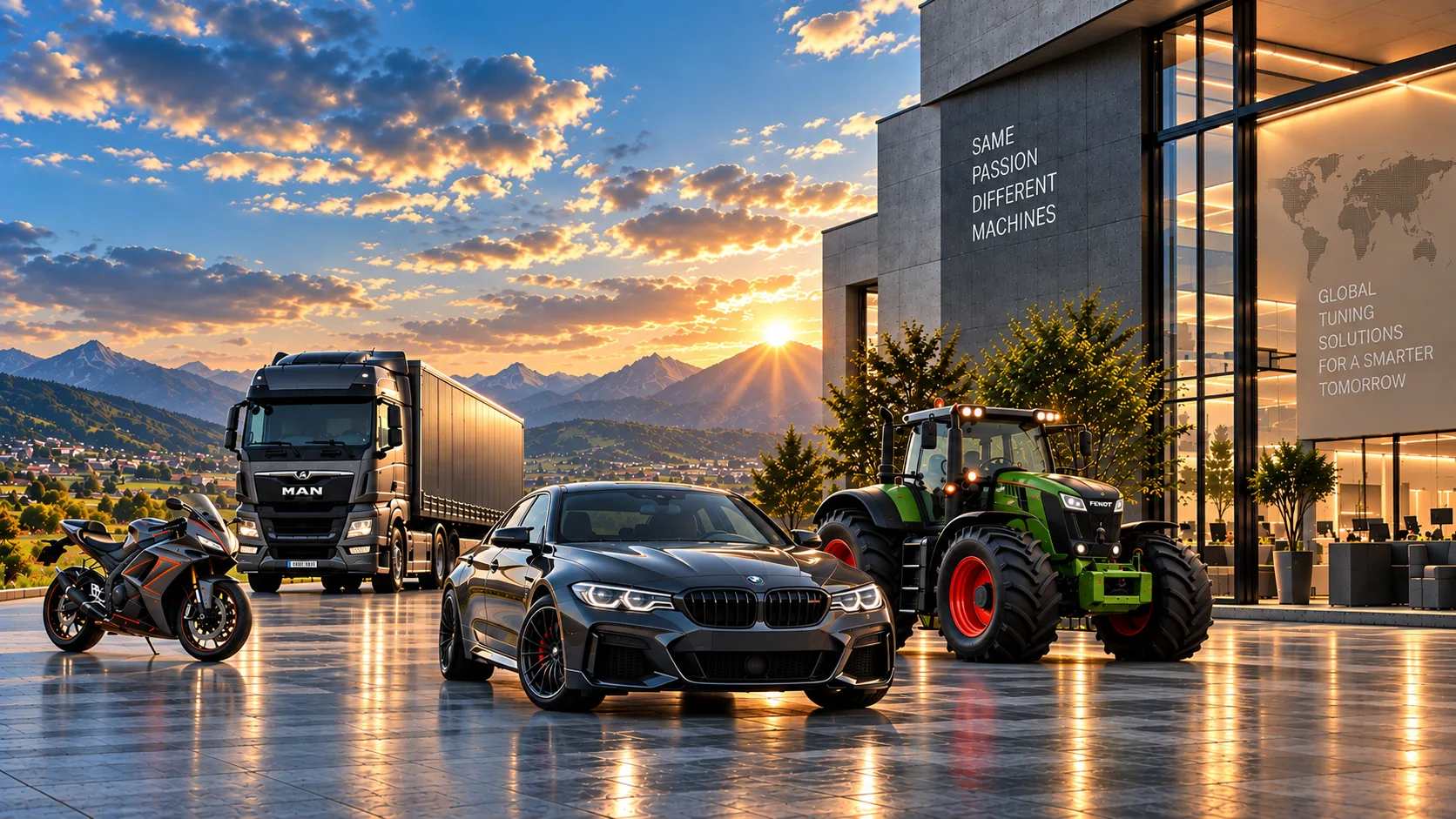 A car, a truck, a tractor and a motorcycle lined up outside the Shop4Tuner headquarters: chiptuning for every segment