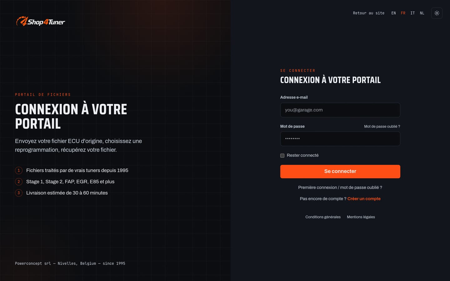 Page de connexion du portail Shop4Tuner, thème sombre