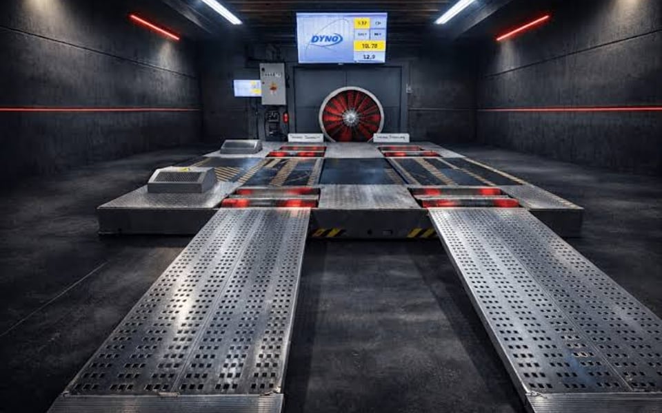 The dyno cell: rollers, ramps and cooling fan